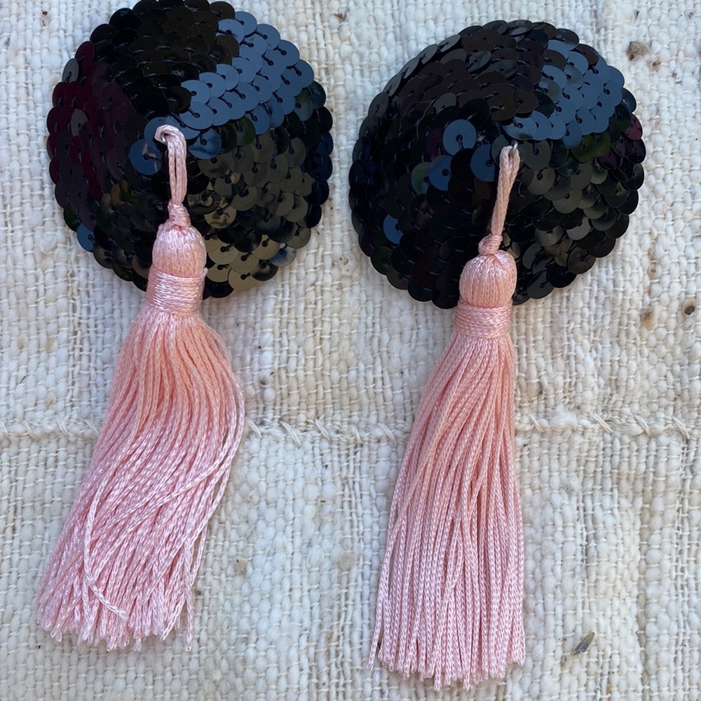 Agent Provocateur Black Sequin Nipple Pasties w/ pink tassels, 1 pair NWT